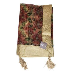 Christmas Poinsettia Table Topper 33 Inch Square Red Gold Organza with Tassels S